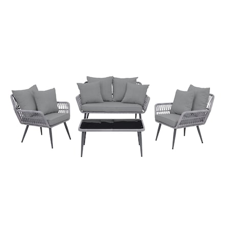 Manhattan Comfort Portofino Rope Wicker 4-Piece Patio Conversation Set with Cushions in Grey OD-CV019-GY